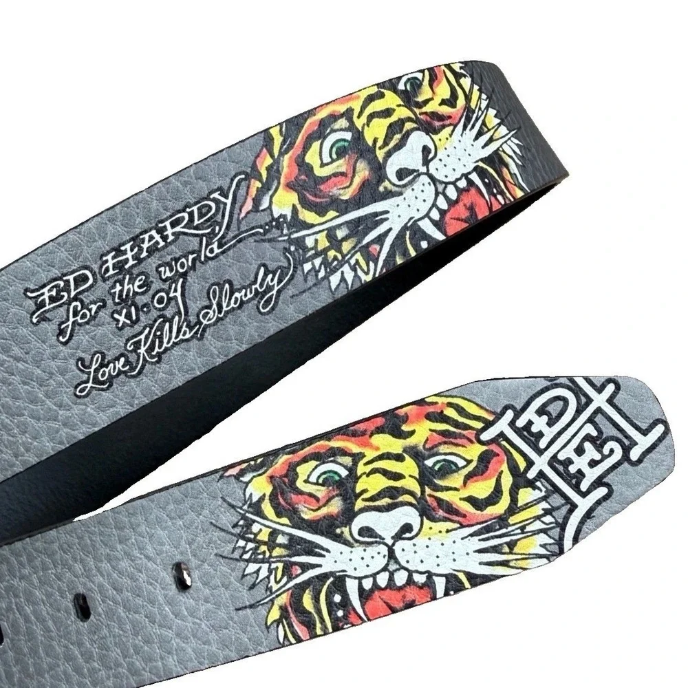 Ed Hardy Men's Gray Belt Tiger Tattoo Love Kills Slowly VB97510EHQA Size 36 New